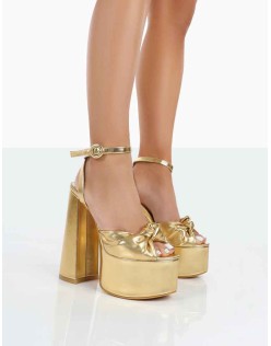 Knot On Wide Fit Gold Pu Knotted Platform High Heeled Sandals