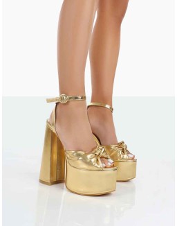 Knot On Wide Fit Gold Pu Knotted Platform High Heeled Sandals