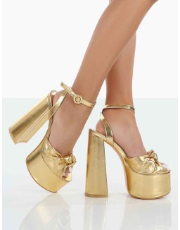 Knot On Wide Fit Gold Pu Knotted Platform High Heeled Sandals