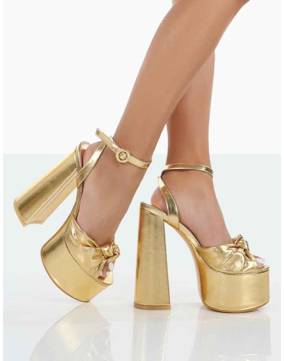 Knot On Wide Fit Gold Pu Knotted Platform High Heeled Sandals
