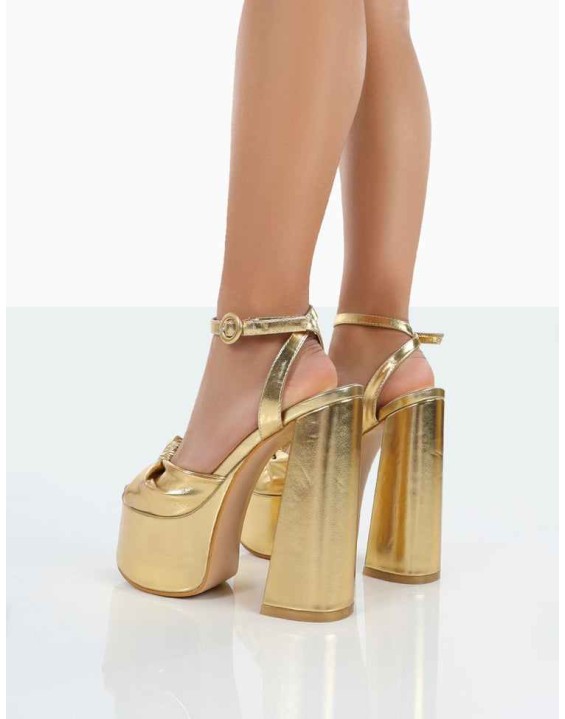 Knot On Wide Fit Gold Pu Knotted Platform High Heeled Sandals