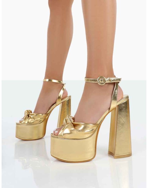 Knot On Wide Fit Gold Pu Knotted Platform High Heeled Sandals