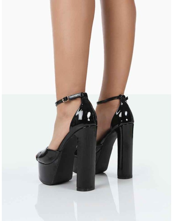 Kylie Wide Fit Black Patent High Heel Peep Toe Platform Block Heels