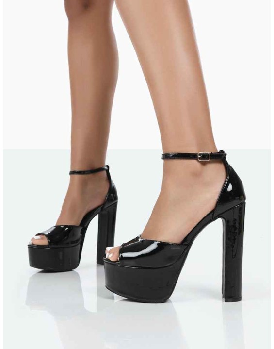 Kylie Wide Fit Black Patent High Heel Peep Toe Platform Block Heels