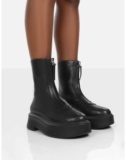 Indigo Black PU Chunky Sole Zip Through Ankle Boot