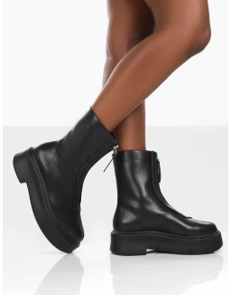 Indigo Black PU Chunky Sole Zip Through Ankle Boot