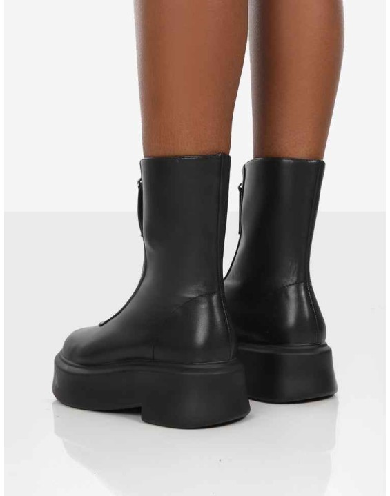 Indigo Black PU Chunky Sole Zip Through Ankle Boot