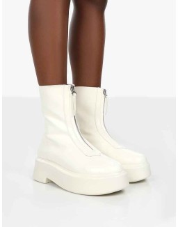 Indigo Ecru PU Chunky Sole Zip Through Ankle Boot