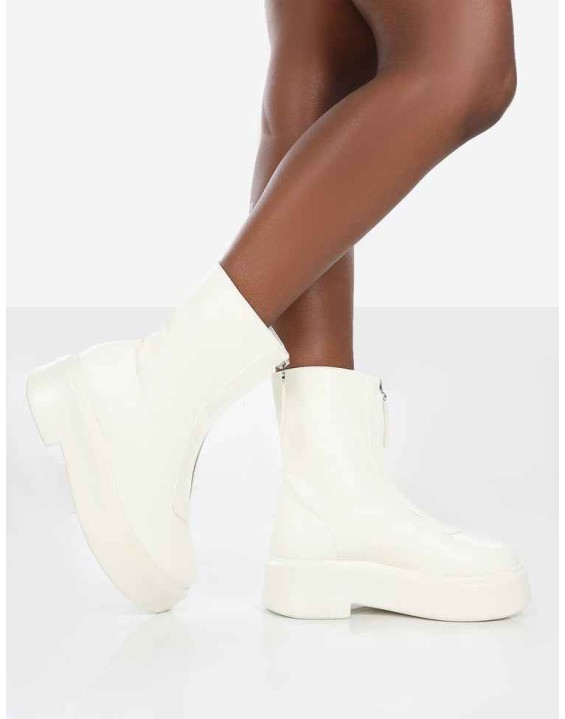 Indigo Ecru PU Chunky Sole Zip Through Ankle Boot