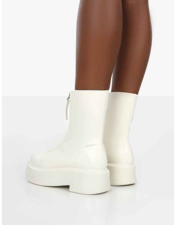 Indigo Ecru PU Chunky Sole Zip Through Ankle Boot