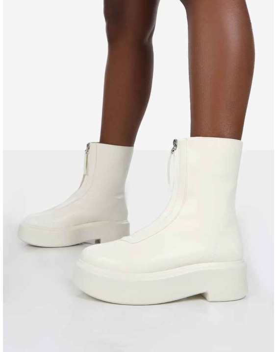 Indigo Ecru PU Chunky Sole Zip Through Ankle Boot