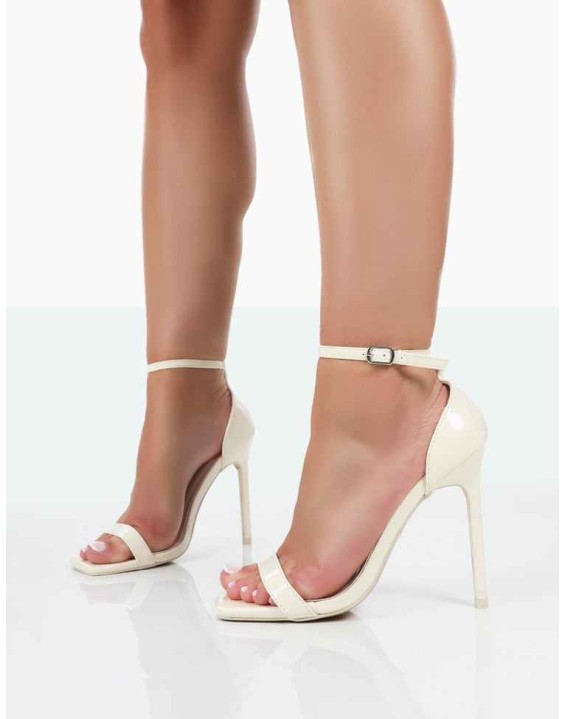 Chaos Ecru Patent Square Toe Strappy Barely There Stiletto Heels