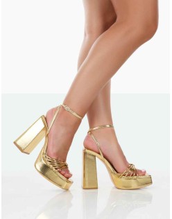 Boujee Gold Metallic Square Toe Strappy Block Heels