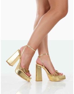 Boujee Gold Metallic Square Toe Strappy Block Heels