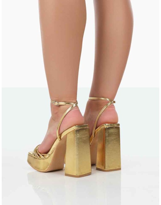 Boujee Gold Metallic Square Toe Strappy Block Heels