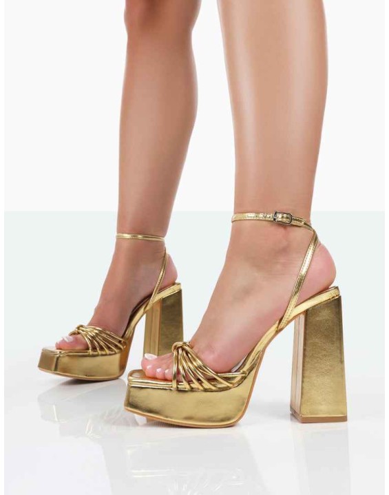 Boujee Gold Metallic Square Toe Strappy Block Heels