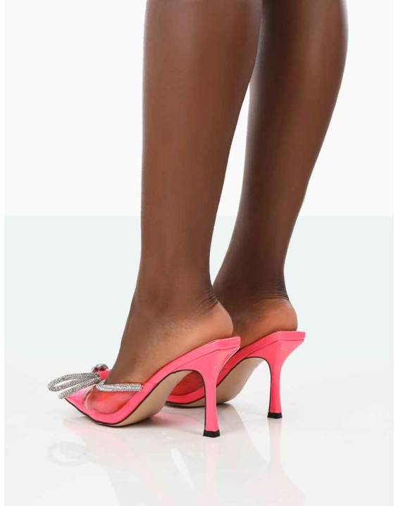 Quasar Neon Pink Diamante Bow Mid Heels Mules
