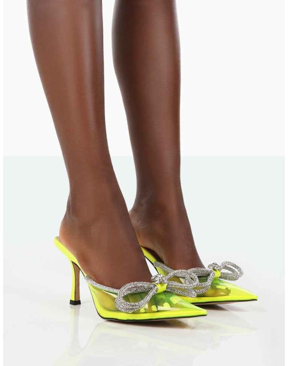 Quasar Neon Yellow Diamante Bow Mid Heels Mules
