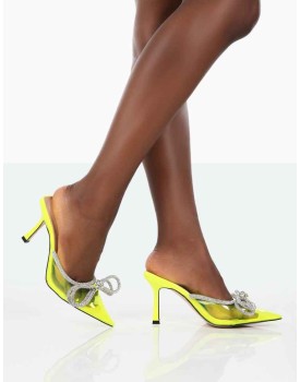 Quasar Neon Yellow Diamante Bow Mid Heels Mules