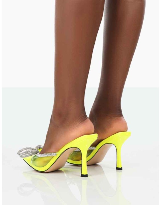 Quasar Neon Yellow Diamante Bow Mid Heels Mules