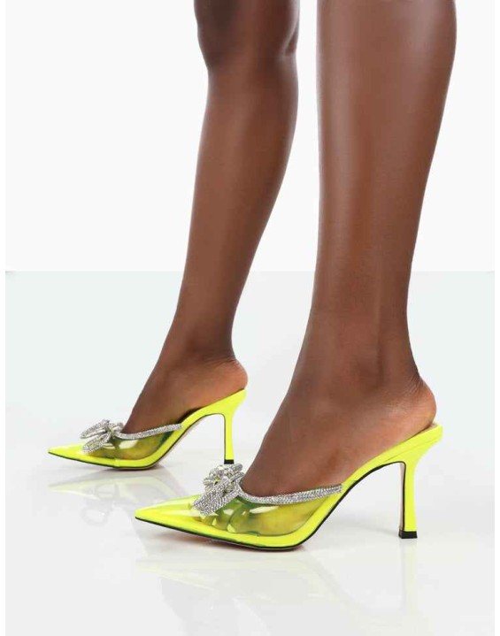 Quasar Neon Yellow Diamante Bow Mid Heels Mules