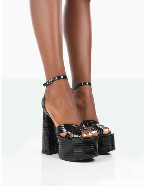 Zurra Black Metallic Pu Open Toe Platform Block Heels