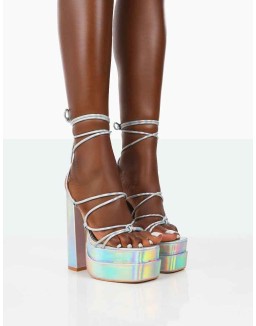 Glow Girl Silver Holographic PU Lace Up Platform High Heels
