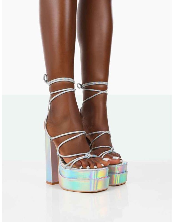 Glow Girl Silver Holographic PU Lace Up Platform High Heels