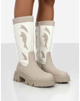 Fly Away Ecru Pu Round Toe Western Cowboy Knee High Boots
