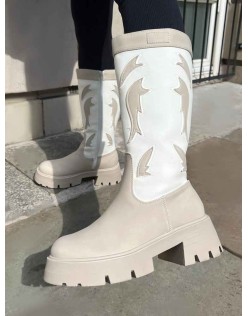 Fly Away Ecru Pu Round Toe Western Cowboy Knee High Boots