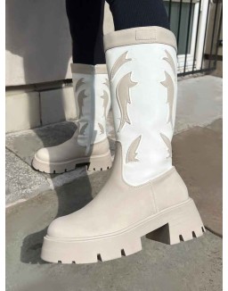 Fly Away Ecru Pu Round Toe Western Cowboy Knee High Boots