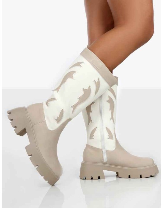 Fly Away Ecru Pu Round Toe Western Cowboy Knee High Boots