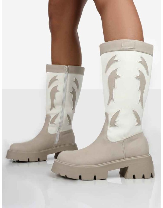Fly Away Ecru Pu Round Toe Western Cowboy Knee High Boots
