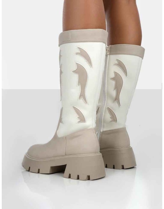Fly Away Ecru Pu Round Toe Western Cowboy Knee High Boots