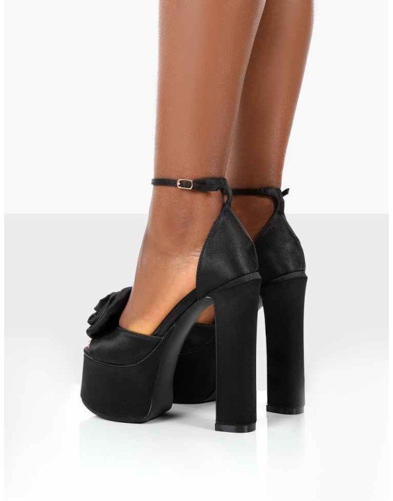 Giselle Black Satin High Heel Peep Toe Platform Block Heels