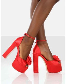Giselle Red Satin High Heel Peep Toe Platform Block Heels