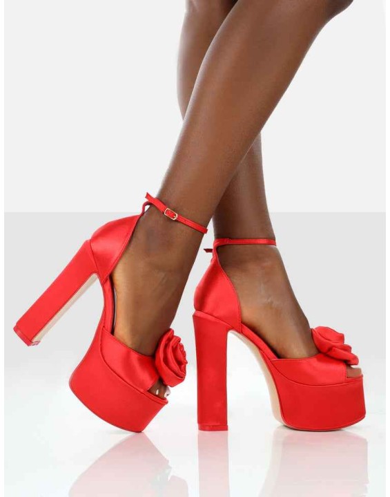 Giselle Red Satin High Heel Peep Toe Platform Block Heels