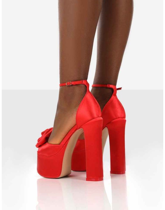 Giselle Red Satin High Heel Peep Toe Platform Block Heels