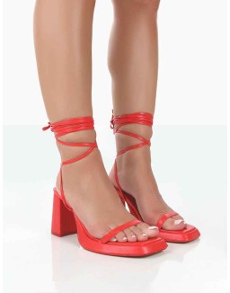 Jaipur Red PU Strappy Squared Toe Mid Heels