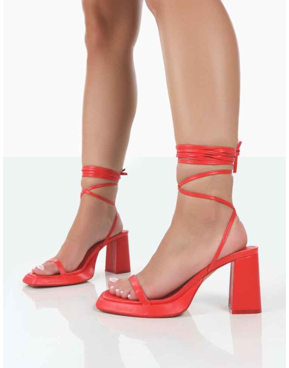 Jaipur Red PU Strappy Squared Toe Mid Heels