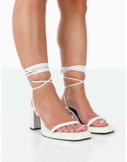 Jaipur White Croc Strappy Squared Toe Mid Heels
