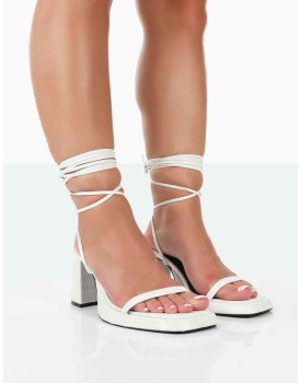 Jaipur White Croc Strappy Squared Toe Mid Heels