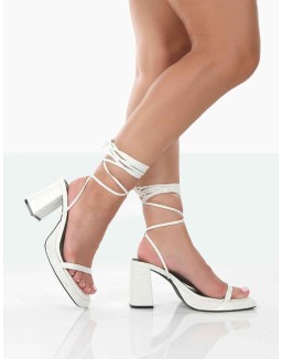 Jaipur White Croc Strappy Squared Toe Mid Heels