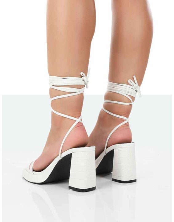 Jaipur White Croc Strappy Squared Toe Mid Heels