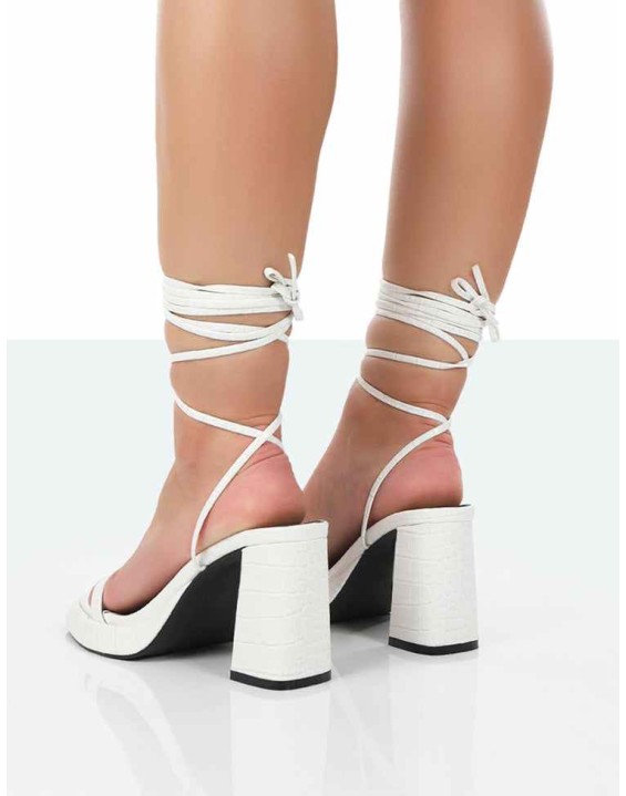 Jaipur White Croc Strappy Squared Toe Mid Heels