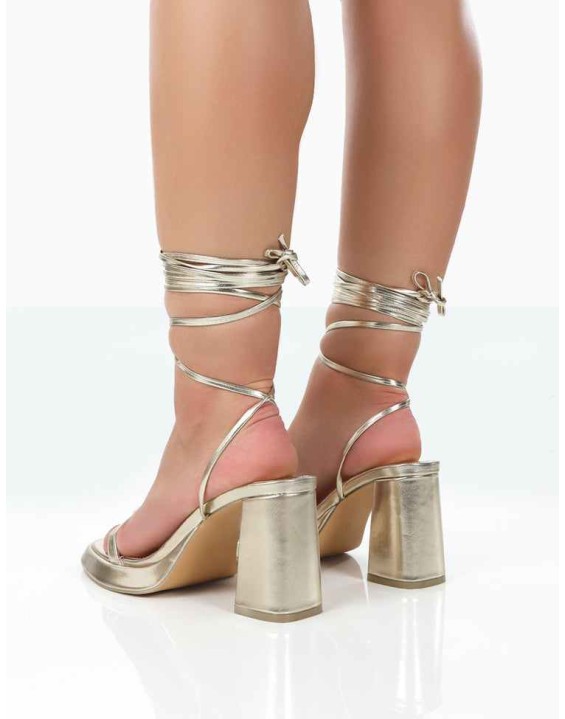 Jaipur Gold Metallic Grain PU Strappy Squared Toe Mid Heels