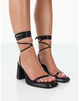 Jaipur Black Grain PU Strappy Squared Toe Mid Heels