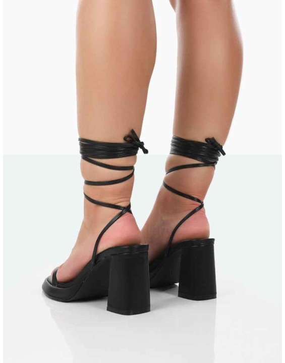 Jaipur Black Grain PU Strappy Squared Toe Mid Heels