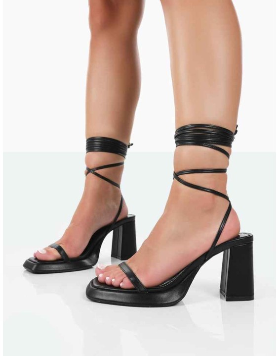 Jaipur Black Grain PU Strappy Squared Toe Mid Heels