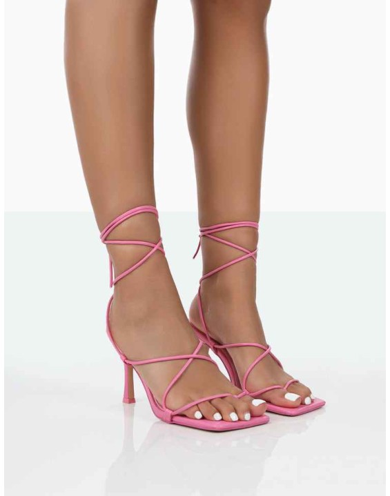 Euphoria Pink Pu Square Toe Lace Up Mid Heels